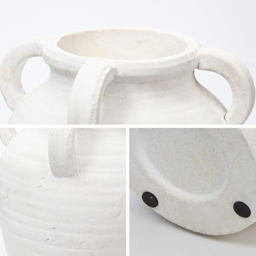 Handcrafted Flower Vase, 9.8" Tall Terracotta Vase, Vintage White Ceramic Vase, Rustic Antique Decor with 4 Handles, Wide Mouth, Matte Finish for Home Office Resto Café Décor - Image 4