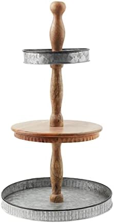 Mud Pie Tin and Wood Tiered Server, Brown/Gray, 25" x 14" dia by MudPie