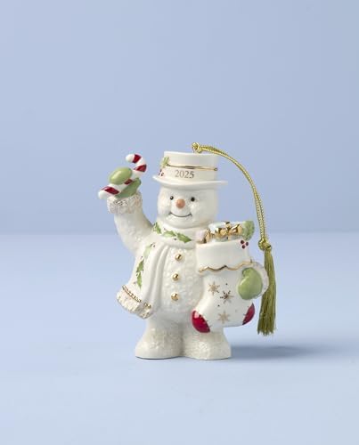 Lenox Ornament, 2025 Snowman with Stocking Christmas Ornament, Made from Porcelain Featuring Gold Accents and Hanging Cord, Snowman with Stocking Design, Christmas Tree Decorations (White, 1 Piece) - Image 2