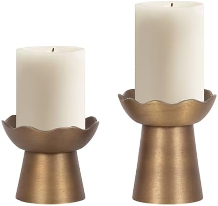 Kate and Laurel Alessia Modern Two-Piece Candle Holder Set, Set of 2, Antique Brass, Transitional Wavy Metal Candle Holders for Wax or Flameless Candles for Entryway or Living Room Decor by KateandLaurel