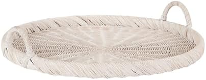 Kate and Laurel Cormont Modern Round Woven Rattan Tray with Handles; 23 Inch Diameter; Whitewash Rattan; Decorative Circle Boho Tray for Use as Versatile Ottoman Tray or Serving Platter by KateandLaurel