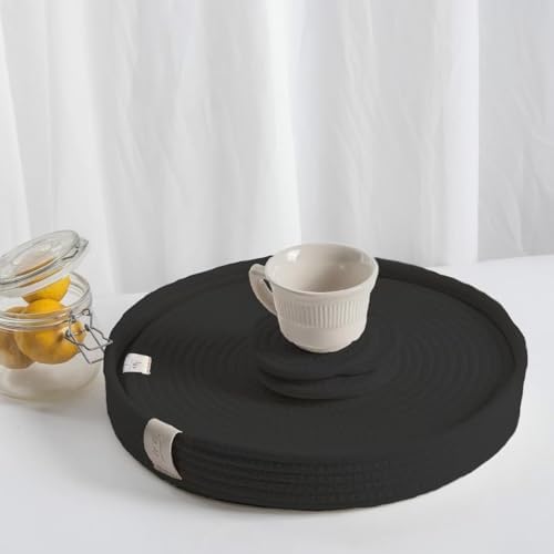 9-Piece Round Cotton Rope Placemats, Coasters & Holder, Black by ArtPineconeHome