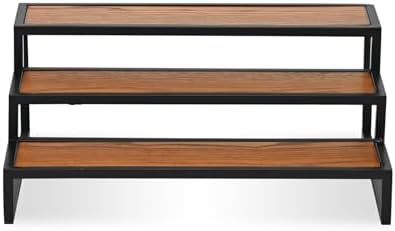 15" Black and Brown Metal and Solid Wood Handmade Three Tier Tray by Unknown