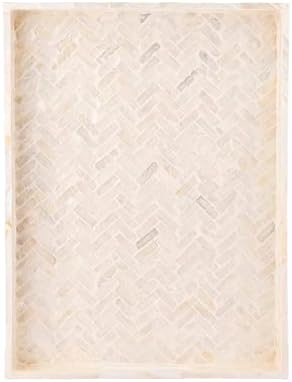 PEMAR Handmade Capiz Shell Decorative Serving Tray – Mother of Pearl Finish Herringbone Mosaic Rectangular Tray with Handles, 15.74 x 11.8 x 2 in, for Coffee Table & Home Decor - Image 2