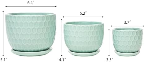 Ceramic Flower Pots with Drainage Hole and Saucer, Modern Round Succulent Planters with Honeycomb Inspired Texture Design, Small to Medium Sized, Set of 3, Green - Image 7