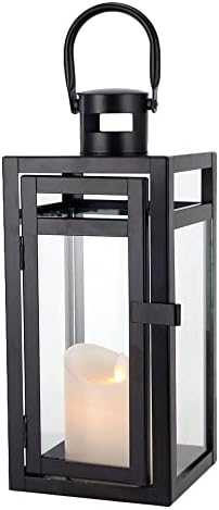 TRIROCKS Metal Candle Lantern 12'' High Decorative Outdoor Lantern Hanging Lantern with Tempered Glass for Christmas Home Decor Living Room Parties Events Tabletop Indoors Outdoors (Black Matte) by TRIROCKS