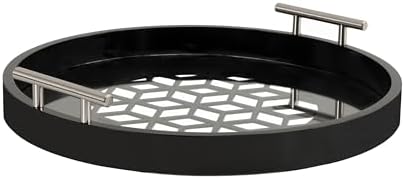 Kate and Laurel Caspen Cut Out Pattern Decorative Round Tray with Silver Metal Handles; 16 x 16; Black and Silver; Modern Glam Serving Tray with Handles for Living Room Decor by KateandLaurel