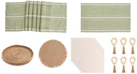 Britimes Table Runner Set, Green Leaf Stripe, 26 Pack, Cotton Linen, Boho by Britimes