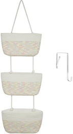 TeoKJ Over the Door Hanging Basket, 3-Tier Woven Cotton Wall-Mounted Storage Organizer Bag Decorative Hanging Nursery Baskets, White & Rainbow Stitching by TeoKJ