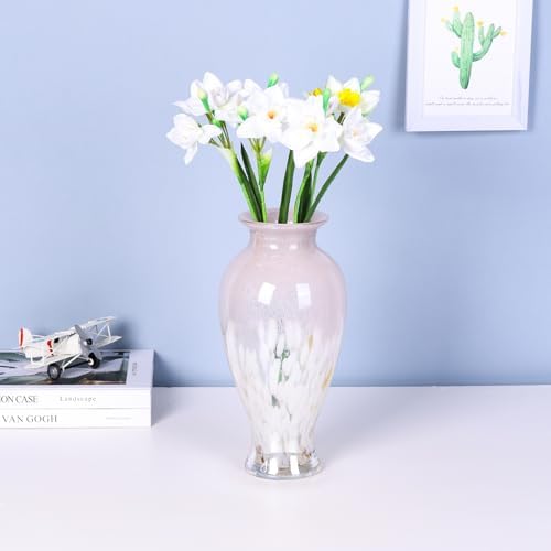 11.8" Tall Pink White Blown Glass Vase, Colorful Opaque Glass Vase, Unique Design Wide Mouth Art Decoration for Home, Living Room, Dining Table, Pampas Grass Decor (Pink White) - Image 6