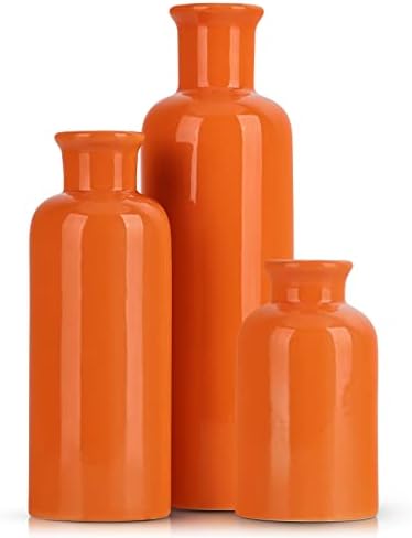 Ceramic Vase Set - 3 Orange Small Vases, Farmhouse Country Flower Vase Home Decor, Living Room Decoration, Table Decoration, Fireplace Decor, and Entrance Decorations Centerpieces by QIANLING