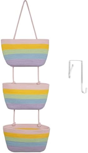 TeoKJ Over the Door Hanging Basket, 3-Tier Woven Cotton Wall-Mounted Storage Organizer Bag Decorative Hanging Nursery Baskets, Rainbow by TeoKJ