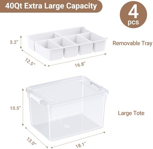 160Qt Plastic Storage Bins with Lids, Clear Latching Organizers Boxes with Removable Trays, Large Portable Storage Containers, for Holiday Ornaments, Home Organization, 4Pack - Image 2