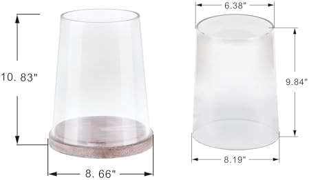 8" Wide Glass Hurricane Candle Holders with Handmade Sturdy Glass Sleeves and Distressed Brown Wood Base for Pillar Candle & Plants, Industrial, Farmhouse, Display Cloche Bell Jars, Table Centerpiece - Image 2