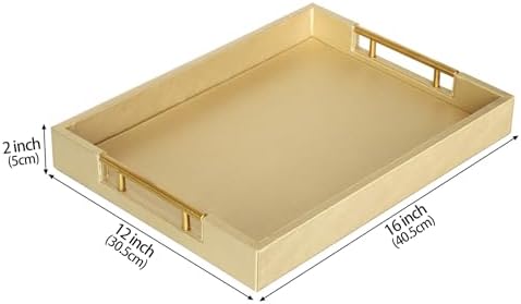 HofferRuffer Faux Leather Serving Tray with Gold Metal Handles, Stylish Decorative Tray Organizer for Coffee Table, Ottoman, Home Decor and Serving (Gold, 16.2" x 12.2" x 2") - Image 2
