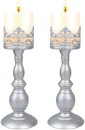 Candle Holders for Pillar Candles Gothic Matte Pearl Silver Tall Candle Holders Set of 2 Decorative Large Table Centerpieces Candle Stand Decor (Pearl Silver 2PCS A) by DRELIFAM