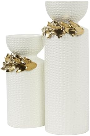 Deco 79 Ceramic Decorative Candle Holder Candle Stand with Abstract Spotted Pattern and Gold Leaf Accents, Set of 2 Candlestick Holder 12", 9" H, White - Image 2
