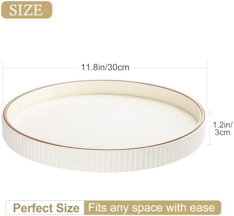 GORESE 12" Round Decorative Serving Tray for Coffee Table, PU Leather Compact Table Tray for Home Decor, Nightstand Valet Tray for Jewelry, Perfume & Keys, Cream White - Image 2