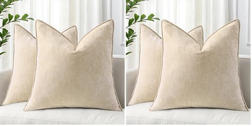 decorUhome Spring Couch Throw Pillow Covers 18x18 Set of 2, Decorative Soft Velvet Neutral Chenille Pillow Covers with Elegant Design for Sofa Bed Living Room Home Decor, Beige (Pack of 2) by decorUhome