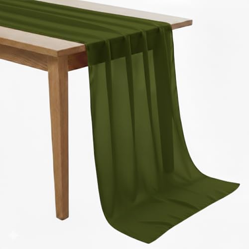 MDS Pack of 12 | Olive Green | 14ft Chiffon Table Runner 29x170 Inches Long Romantic Rustic Sheer Gauze Runner for Wedding Bridal Shower Birthday Banquets Engagement Spring Easter Boho Decorations by MDS