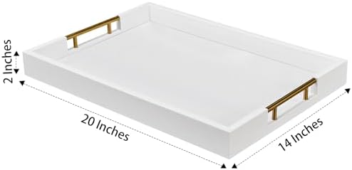 14x20 Inches White Faux Leather Wrapped Wood Serving Tray with Metal Handles for Various Occasions, Ottoman, Home Decor Decorative, Living Room, Coffee Table Organizer, Serving Breakfast On Bed - Image 2