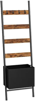 HOOBRO Blanket Ladder with Basket, 17.3" L x 74" H, Towel Rack with Hooks, Blanket Holder Rack, Decorative Ladder Shelf, Drying and Display Rack for Bathroom, Living Room, Rustic Brown BF111CJ01 by HOOBRO