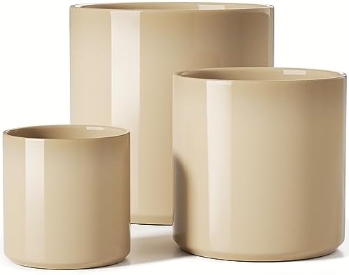 LE TAUCI 10+8+6 Inch Ceramic Pots for Plants, Indoor Planters with Drainage Hole and Plug, Modern Cylinder Flower Pots Set of 3 for Living Room and Bedroom, Glossy, Sand Beige by LETAUCI