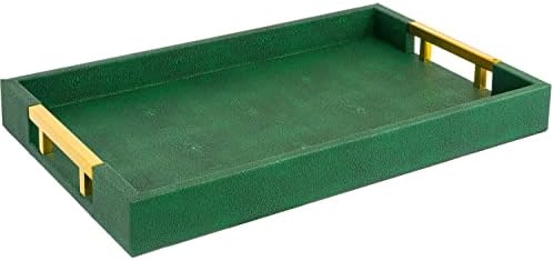 Modern Elegant 17.5"x12" Rectangle Emerald Green Shagreen Faux Leather Decorative Tray Ottoman Coffee Table Perfume Living Room Kitchen Serving Tray with Gold Polished Metal Handles for All Occasion's by HomeRedefined