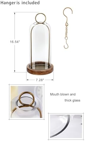 16" High Versatile Vintage Brass Metal Candle Holder with Handmade Sturdy Glass Dome and Natural Wooden Base for Pillar Candle & Plants, Industrial, Farmhouse, Shabby Chic, Display Cloche Bell Jars - Image 2