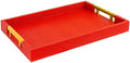 Modern Elegant 17.5"x12" Rectangle Red Shagreen Faux Leather Decorative Tray Ottoman Coffee Table Perfume Living Room Kitchen Serving Tray with Gold Polished Metal Handles by Home Redefined by HomeRedefined