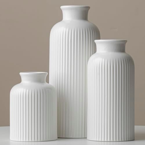 Large Modern Ceramic Vase Set, White Ribbed Matte Design, 10 Inch Tall, 4 Inch Width, 3-Piece Decorative Vases for Home, Living Room, Office (XL Matte Glaze White) by Vaurcesavase