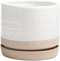 HERDUK 8 Inch Pots for Plants, Ceramic Planter Pot with Drainage Hole & Saucer, Indoor or Outdoor Cylinder Round Planter Pot, Matte White & Beige by Herduk
