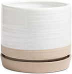 HERDUK 8 Inch Pots for Plants, Ceramic Planter Pot with Drainage Hole & Saucer, Indoor or Outdoor Cylinder Round Planter Pot, Matte White & Beige by Herduk
