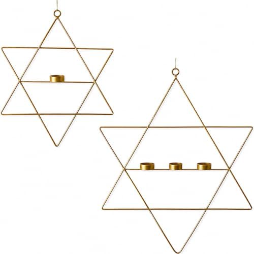 S/2 Star of David Magen Hanging Candle Holder Set Gold Metal Hanukkah Wall Decor with Tealight Holders Jewish Home Decor Party Holiday Decorations 24” & 17” by Unknown