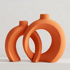 Set of 2 Orange Ceramic Vases for Home Decor Accents - Unique Hollow Donut Artistic Design Mid-Century Modern Eclectic Fall Style Decorative Vases for Shelf, Mantel, Entryway Table Decor(Matte Orange) by Jonronboci