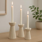 Honeydak Set of 3 Ceramic Taper Candle Holder Cream White, Matte Fluted - Image 2
