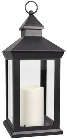 14" Decorative Candle Lantern Black Outdoor Lanterns with Timer Candles - Cool White Waterproof Vintage Lanterns Battery Powered LED Decorative for Wedding - Hanging Wall Lanterns Indoor by BrightZeal