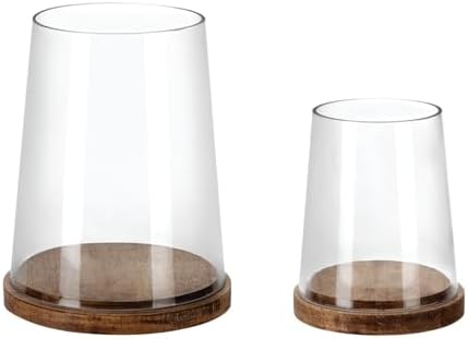 Set of 2 Glass Hurricane Candle Holders with Handmade Sturdy Glass Sleeves and Vintage Natural Wood Base for Pillar Candle & Plants, Industrial, Farmhouse, Display Cloche Bell Jars, Table Centerpiece by Unknown