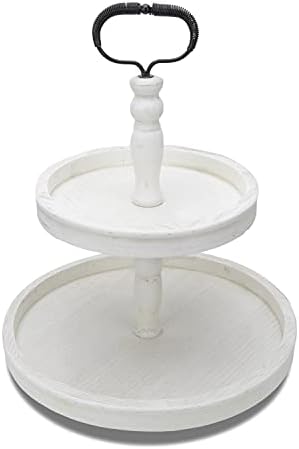 Vipush Farmhouse Two Tiered Tray,Distressed Wood Two Tier Tray,Decorative Rustic Wooden 2 Tier Serving Tray Cake Stand for Kitchen and Seasonal Decor,White by Vipush