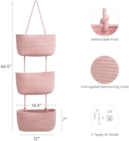 TeoKJ Over the Door Hanging Basket, 3-Tier Woven Cotton Wall-Mounted Storage Organizer Bag Decorative Hanging Nursery Baskets, Pink - Image 5