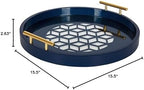 Kate and Laurel Caspen Round Cut Out Pattern Decorative Tray with Gold Metal Handles, 15.5", Navy and Gold - Image 6