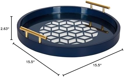 Kate and Laurel Caspen Round Cut Out Pattern Decorative Tray with Gold Metal Handles, 15.5", Navy and Gold - Image 6