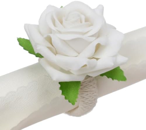 Napkin Rings,48 Pcs Artificial Rose Napkin Holders Flower Napkin Buckles for Wedding Baby Shower Valentine's Party Home Kitchen Dinner Table Decoration (White, Standard Size) - Image 2