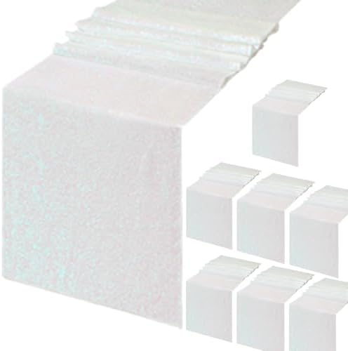 B-COOL White Table Runner Glitter Fabric: Sequin Table Runner 8 Panels 12x72 Inch Iridescent Runner for Holiday Party Wedding Table Decorations by B-COOL
