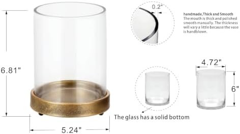 5" Wide Glass Hurricane Candle Holders and Glass Vase with Minimalism Metal Base in Antique Gold, Handmade and Sturdy Glass, Pillars, Flower Arrangement, Centerpiece, Dining Table, Console, Mantel - Image 2