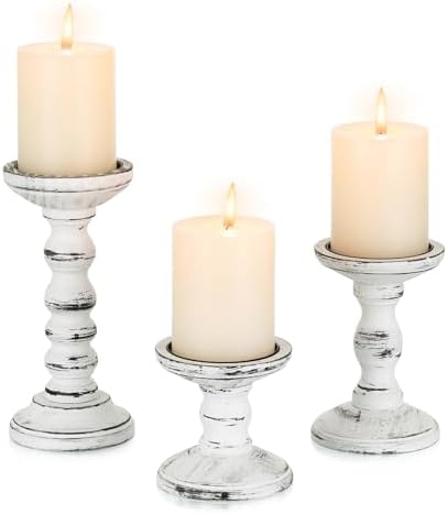 Candeldo Wood Candle Holders for Pillar, White Farmhouse Fireplace Decor by CANDELDO