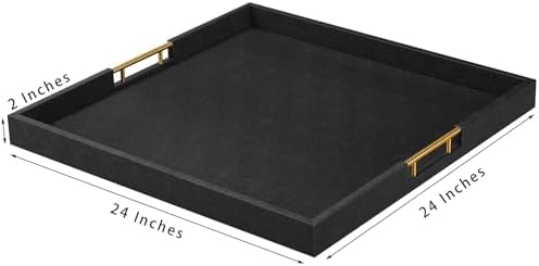 24x24 Inches Extra Large Black Faux Leather Wrapped Wood Ottoman Tray with Golden Handles for Serving Food and Breakfast On Bed, Square Coffee Table Organizer, Home Decor and Decorative - Image 2