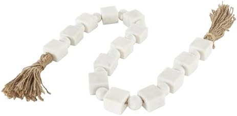 Deco 79 Marble Handmade Beaded Garland with Tassel Square Small Beads with Tassel with Knotted Brown Jute, Beads with Tassel 42" x 2" x 1", White - Image 2