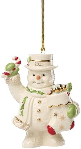 Lenox Ornament, 2025 Snowman with Stocking Christmas Ornament, Made from Porcelain Featuring Gold Accents and Hanging Cord, Snowman with Stocking Design, Christmas Tree Decorations (White, 1 Piece) by Lenox
