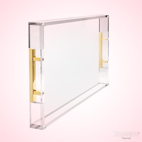 Modern 16"x12" Rectangle Acrylic Lucite Plastic Decorative Serving Tray with Gold Polished Stainless Steel Metal Handles Home Decor Ottoman Coffee Table Makeup Perfume Display Vanity By Home Redefined - Image 5